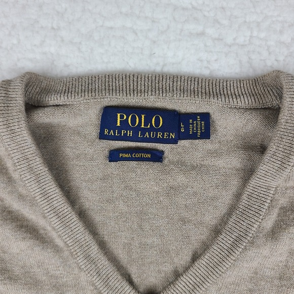 Polo Ralph Lauren Sweater Mens Large Tan Brown Pima Cotton V Neck Sweatshirt - Picture 4 of 10